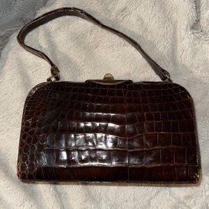 Very Authentic Crocodile Satchel Purse with Antique Gold Color Clasp & Hardware